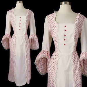 Vintage 1976 Bicentennial 70s Maxi Dress with Red Stars on White L Large